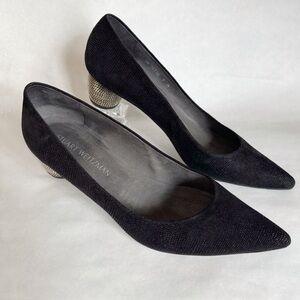 Stuart Weitzman poco globe black glitter pumps with chain block heel